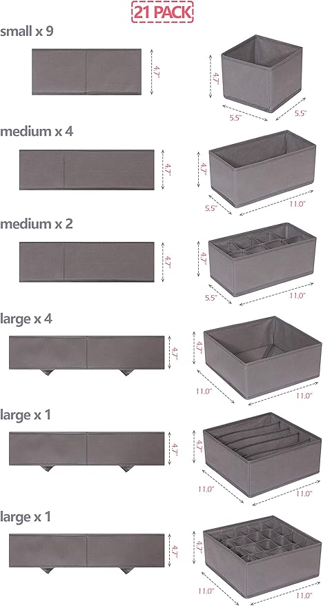 DIOMMELL 21 Pack Foldable Cloth Storage Box Closet Dresser Drawer Organizer Fabric Baskets Bins Containers Divider for Baby Clothes Underwear Bras Socks Lingerie Clothing,M Grey 11-4249