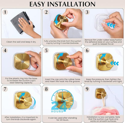 warlve Suction Cup Hooks for Shower - Reusable No-Drill Mounting - Hooks for Towels, Robes & Loofah on Metal, Glass, Mirrors, Tile & Smooth Non-Porous Surfaces (4, Brushed Gold)