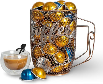 Made Easy Kit Coffee Pod Organizer Compatible with Nespresso Vertuo and Original - Countertop Sculpture Holder Basket Style for Café Bar, Corner Station Office Break Area (Large Coffee Mug)