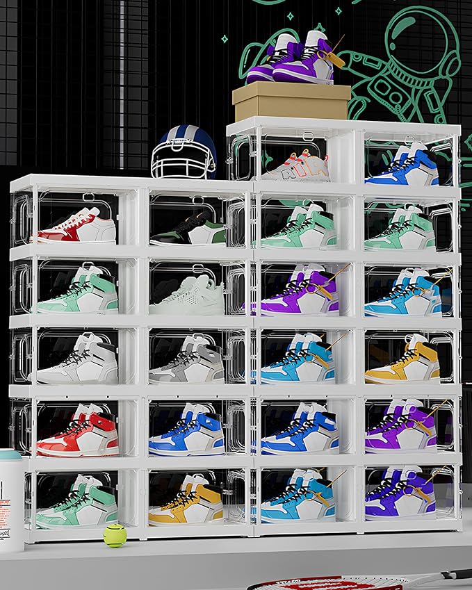 RILBOX X-Large Sturdy Foldable Shoe Rack Sneaker Container Clear Plastic Stackable Space Saving Shoe Storage Boxes Organizers Bin Holder with Lids for Entryway, Closet 8 Tier - 14.0" W Hold 8 Pairs