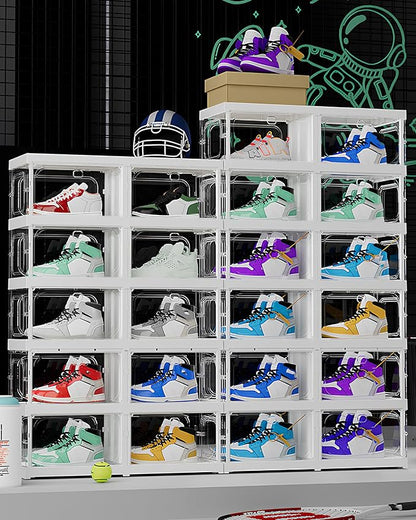 RILBOX X-Large Sturdy Foldable Shoe Rack Sneaker Container Clear Plastic Stackable Space Saving Shoe Storage Boxes Organizers Bin Holder with Lids for Entryway, Closet 8 Tier - 14.0" W Hold 8 Pairs