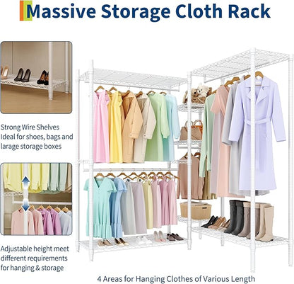 Heavy Duty Garment Rack L Shaped Clothes Rack for Corner,Load 1631LBS,Freestanding Portable Wardrobe Closet Clothing Rack with 7 Adjustable Shelves, 4 Hanging Rods,70.5"H x 85.4"L x 17.4"W