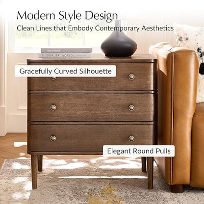 HULALA HOME Modern End Table with Charge Station, 3 Drawer Wood Side Table with Solid Wood Legs & Adjustable Feet, Curved Design End Table, Walnut