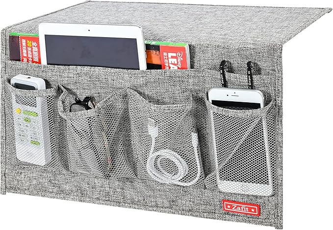 Zafit Linen 6 Pockets Bedside Caddy, Bedside Storage Organizer for Magazine, Remotes, Phone (Grey)