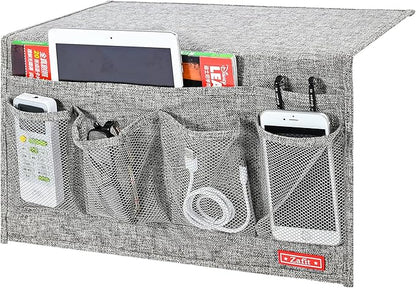 Zafit Linen 6 Pockets Bedside Caddy, Bedside Storage Organizer for Magazine, Remotes, Phone (Grey)