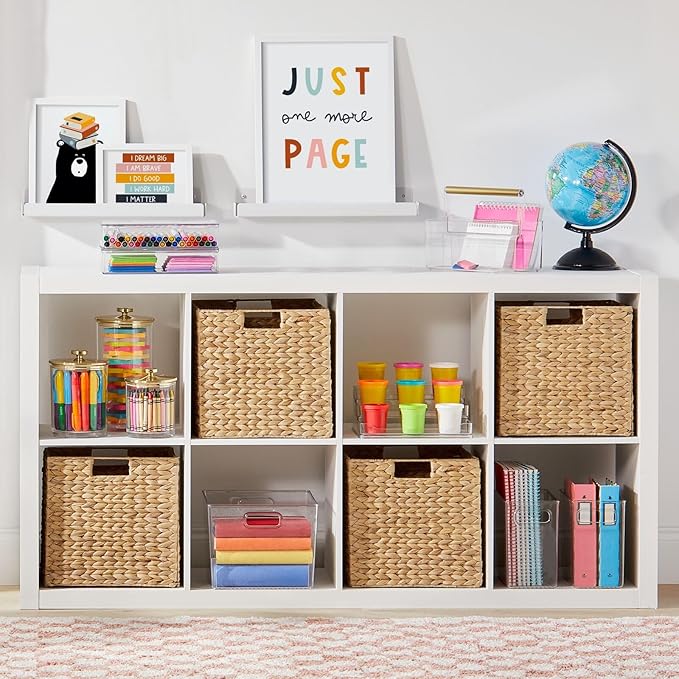 mDesign Natural Woven Hyacinth Cube Organizer Basket with Handles, Storage for Bathroom, Laundry Room Shelf or Nursery - Perfect for Cubby Storage Units - Hold Blankets and Books - 6 Pack, Natural/Tan