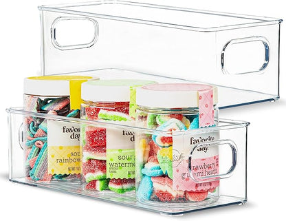 primebox Plastic Food Storage Clear Container 2 Pack Bin with Handles for Organizing Kitchen, Pantry, Refrigerator, Freezer, Pantry, Cabinet, Closet, Bathroom. Stackable 10”x4”x3”