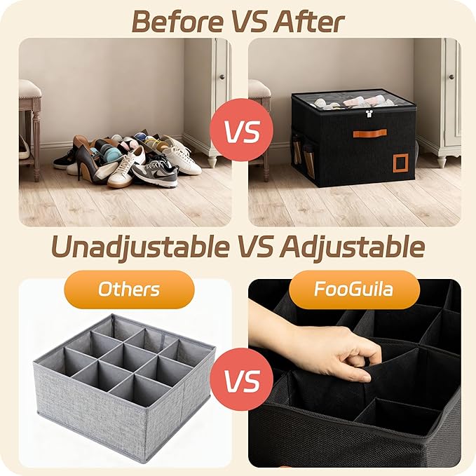 Shoe Organizer for Closet, 2 Pack Foldable Shoe Storage Organizer Box with Adjustable Dividers and Clear Cover, Space Saving Shoe Box with Reinforced Handles, Fits 16-32 Pairs, Black