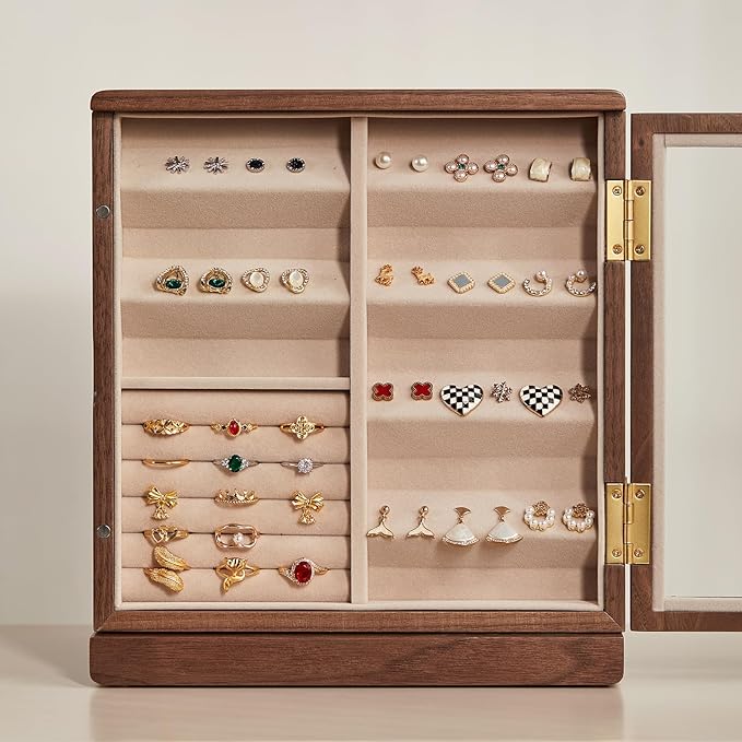 Homruilink Black Walnut Wooden Jewelry Box - 360° Rotating Jewelry Organizer for Women with 5 Drawers for Rings,Necklaces,Earrings and Bracelets -Large Storage Case - Valentines Day Gifts for Her
