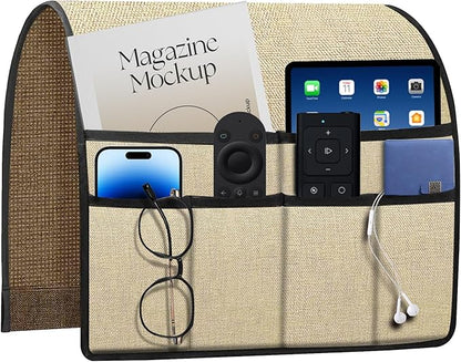 HAPLIFEZ Remote Holder for Recliner Armchair & Couch, Non Slip Sofa Armrest Organizer Caddy with 6 Pockets Thick Linen Fabric Storage for Tablet, Phone, iPad, Magazine, 19x35 Inches, Natural