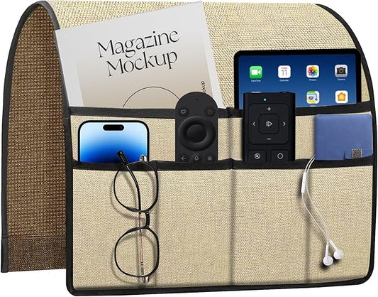 HAPLIFEZ Remote Holder for Recliner Armchair & Couch, Non Slip Sofa Armrest Organizer Caddy with 6 Pockets Thick Linen Fabric Storage for Tablet, Phone, iPad, Magazine, 19x35 Inches, Natural