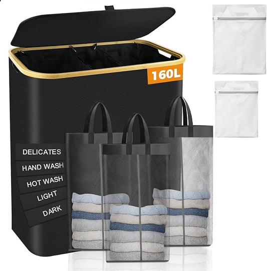160L Laundry Hamper 3-Section, Laundry Basket with Lid, Dirty Clothes Basket, Laundry Basket Organizer with 5 Sorting Labels and 2PCS Laundry Bags for Bedroom, Dormitory, Laundry Room