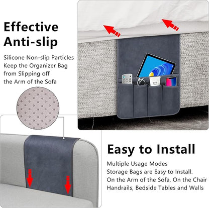 Couch Armrest Remote Control Holder, Polar Fleece Couch Caddy Gifts for Seniors, Non-slip Bed Caddy Tv Remote Holder with 5 Pockets for Key Glasses Phone Magazine Holders
