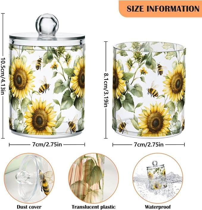 MNSRUU 2 Pack Qtip Holder Organizer Dispenser Flower Sunflower Bee Bathroom Storage Canister Cotton Ball Holder Bathroom Containers for Cotton Swabs/Pads/Floss