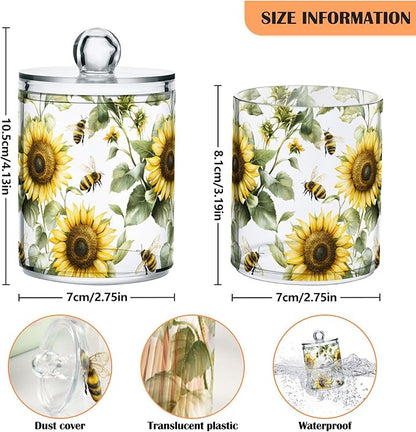 MNSRUU 2 Pack Qtip Holder Organizer Dispenser Flower Sunflower Bee Bathroom Storage Canister Cotton Ball Holder Bathroom Containers for Cotton Swabs/Pads/Floss