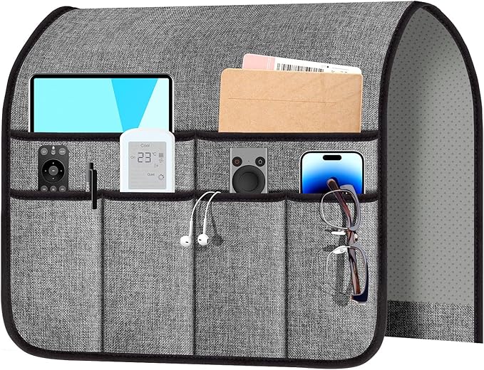 Meeall Armchair Caddy & Remote Control Holder for Couch & Recliner | Non-Slip Armrest Organizer with 6 Pockets for TV Remote, Phone, Tablet, Magazine & More, 19 x 35 Inches, Gray