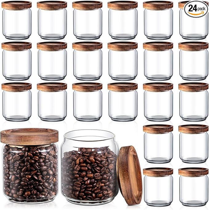 Irenare 24 Pack Glass Containers Canister Set, 17 oz Food Storage Spice Jars with Airtight Lids, Clear Kitchen Containers for Coffee Sugar Tea Beans Nuts Candy Pantry Organization (Wood)