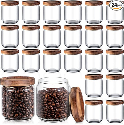 Irenare 24 Pack Glass Containers Canister Set, 17 oz Food Storage Spice Jars with Airtight Lids, Clear Kitchen Containers for Coffee Sugar Tea Beans Nuts Candy Pantry Organization (Wood)