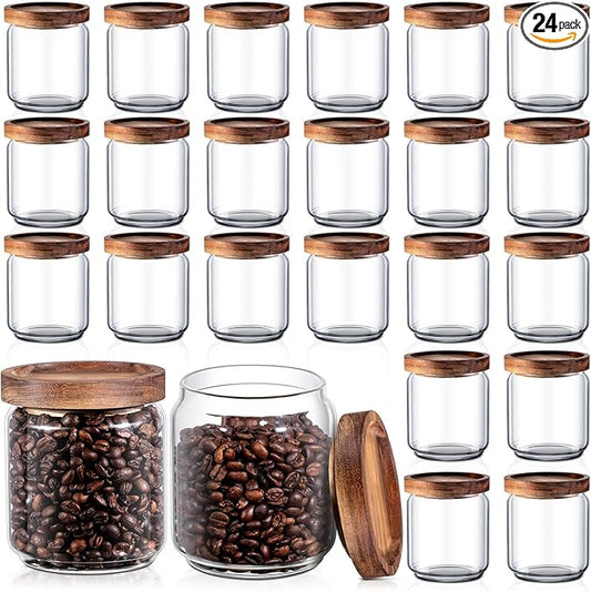 Irenare 24 Pack Glass Containers Canister Set, 17 oz Food Storage Spice Jars with Airtight Lids, Clear Kitchen Containers for Coffee Sugar Tea Beans Nuts Candy Pantry Organization (Wood)
