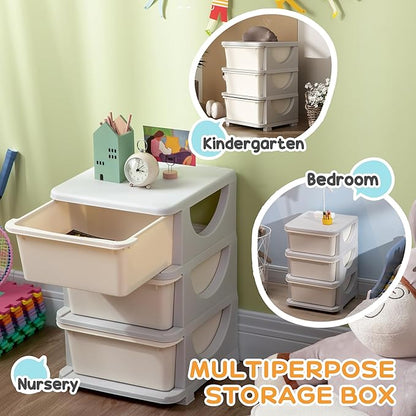 Qaba 3 Tier Kids Storage Unit, Toy Organizers and Storage with 3 Drawer Chest for Kids Bedroom Nursery Kindergarten Living Room for Boys Girls Toddlers, Cream White