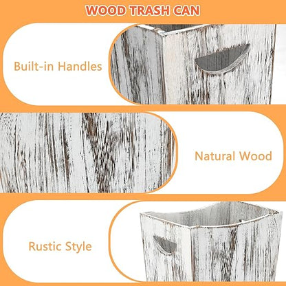 2 Pack Trash Can Wood Waste Basket Wooden Garbage Bins Decorative Farmhouse Trash Can for Bathroom Bedroom Office Desk Living Room (Rustic White)