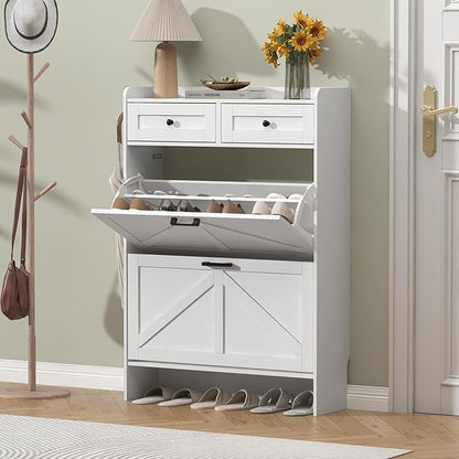 Shoe Cabinet with 2 Flip Drawers & 2 Storage Drawers, Rustic Farmhouse Narrow Shoe Organizer Cabinet, Slim Shoe Rack Cabinet, Shoe Storage Cabinet for Entryway, Hallway, Front Door
