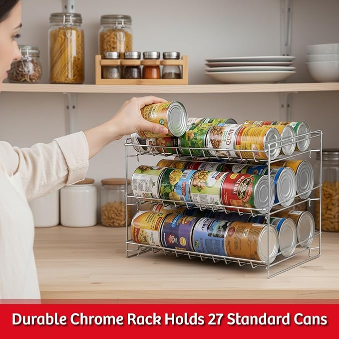 Lavish Classic Cuisine 3 Tier Dispenser-Organizer Rack Holds up to 27 Cans-for Kitchen Pantry, Countertops, and Cabinets-Storage Accessories (Chrome)
