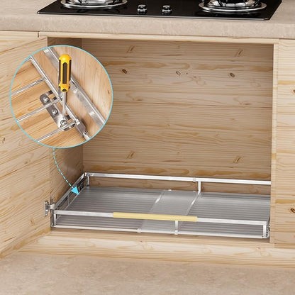 Pull Out Cabinet Organizer,Adjustable Width W:14.9”-25.9” x D:22.5”,Expandable Slide Out Wire Storage Drawer,Heavy Duty Stainless Steel Gliding Cupboard Shelf for Pots and Pans Storage,Chrome Plated