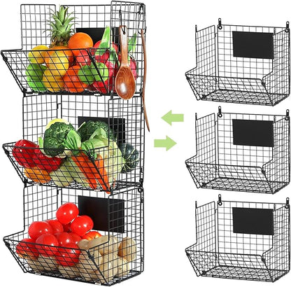 X-cosrack Metal Wire Basket Wall Mount, 3 Tier Wall Storage Basket Organizer with Hanging Hooks Chalkboards, Rustic Kitchen Fruit Produce Bin Rack Bathroom Tower Baskets (Black)