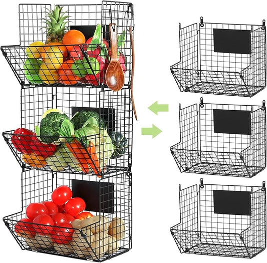 X-cosrack Metal Wire Basket Wall Mount, 3 Tier Wall Storage Basket Organizer with Hanging Hooks Chalkboards, Rustic Kitchen Fruit Produce Bin Rack Bathroom Tower Baskets (Black)