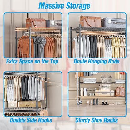 Homdox Heavy Duty Rolling Clothing Rack, Adjustable Garment Rack with 3 Tier Storage Shelves, Freestanding Closet Wardrobe for Hanging Clothes with Side Hooks, Gray
