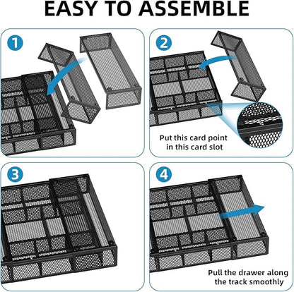 Marbrasse Expandable Desk Drawer Organizer, Mesh Drawer Organizer Tray with 10 Adjustable Compartments, Desk Organizers and Accessories for Office Supplies, Makeup & Vanity (Expandable Black-2 pack)