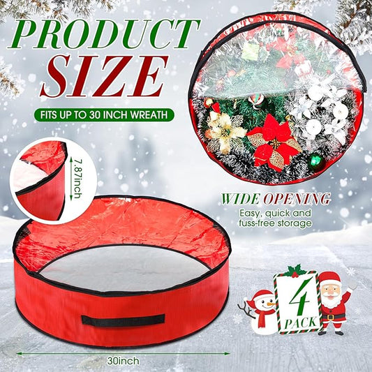 4 Pcs Christmas Wreath Storage Bag, Christmas Garland Storage Container with Clear Window, Zipper & Handle for Xmas Holiday Seasonal Wreath Garland Box(Red,30")