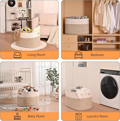 Extra Large Blanket Basket for Living Room, Rectangle Woven Cotton Rope Storage for Blankets, Toys, Clothes, Shoes, 25”x16”x16”, Off White & Brown, 108L