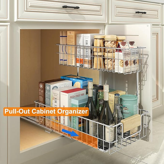 ROOMTEC Pull Out Cabinet Organizer, Under Sink Slide Out Storage Shelf with 2 Tier Sliding Wire Drawer, Sliding Storage for Inside Kitchen Cabinet- 11½ in. W x 21½ in. D (Right)