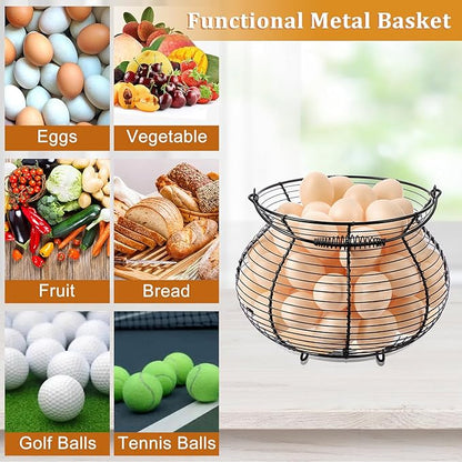 1 PCS Black Big Belly Wire Egg Baskets for Fresh Egg With Handle, Small Metal Wire Basket for Gathering Fresh Chicken and Duck Eggs, Hunting Basket Egg Holder Countertop