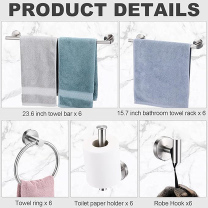 Gisafai 30 Pcs Bathroom Hardware Set, 23.6 Inch Brushed Towel Bar Ring Toilet Paper Holder Robe Towel Hook, SUS304 Stainless Steel Bathroom Accessory Set Wall Mounted (Silver)