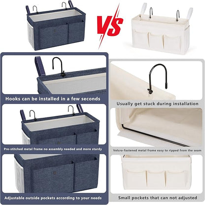 Edudif Bedside Caddy Bedside Organizer with Fixed Straps & Water Bottle Holder, Bunk Bed Caddy ideal for Home, Dorm, Hospital, Crib, Versatile Bedside Storage Solution (Navy)
