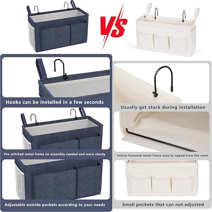 Edudif Bedside Caddy Bedside Organizer with Fixed Straps & Water Bottle Holder, Bunk Bed Caddy ideal for Home, Dorm, Hospital, Crib, Versatile Bedside Storage Solution (Navy 2pcs)