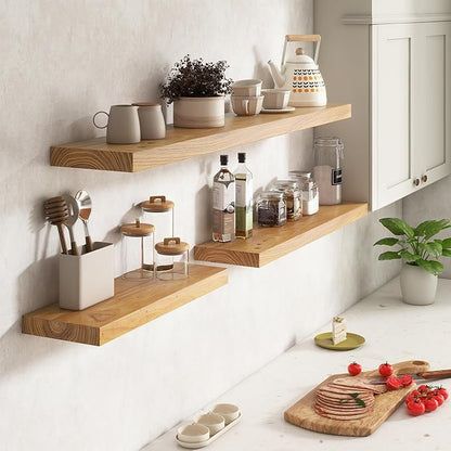 Elm Floating Shelves for Wall Decor, Rustic Solid Wood Shevles Wall Mounted with Invisible Bracket for Living Room Bathroom Bedroom Kitchen, 24 Inch Set of 2, Natural