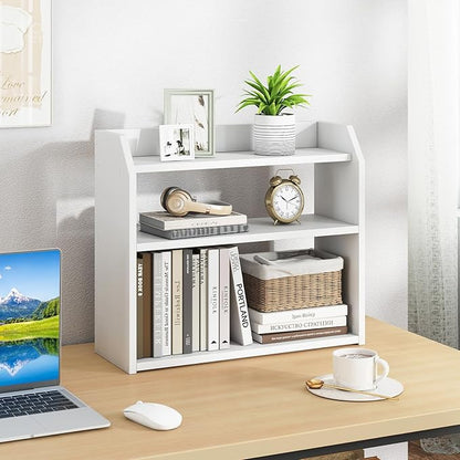 Giantex 3-Tier Desktop Bookshelf, Small Wood Countertop Organizer with Raised Guardrails, Space-Saving Desk Display Hutch, Modern Tabletop Shelf for Study Room, Office and Dorm, White (1)