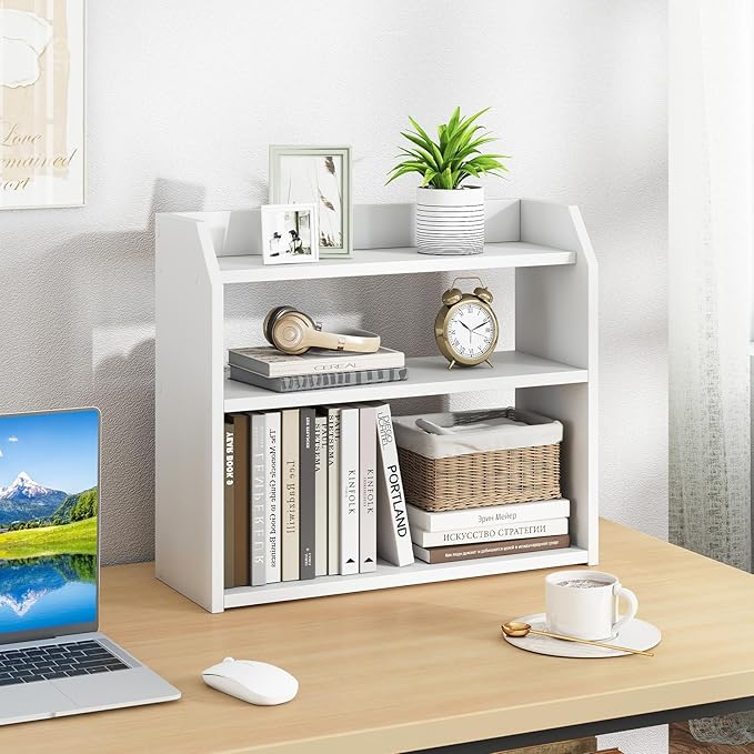 Giantex 3-Tier Desktop Bookshelf, Small Wood Countertop Organizer with Raised Guardrails, Space-Saving Desk Display Hutch, Modern Tabletop Shelf for Study Room, Office and Dorm, White (2)