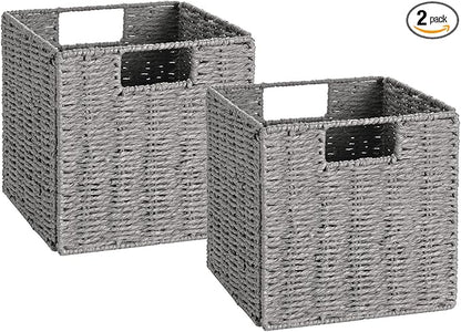Vagusicc Wicker Storage Basket, Set of 2 Hand-Woven Storage Baskets for Shelves with Handles, Foldable Cube Storage Baskets Bins Organizer 13 inch Large Wicker Baskets for Pantry Bedroom Decor, Grey