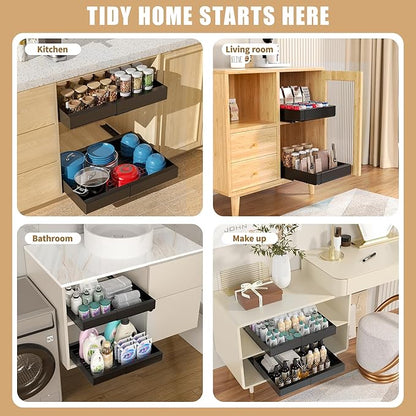 KLKE Pull Out Cabinet Organizer, Width Expandable (11.7"-19.7") Heavy Duty Slide Out Drawers Fixed with Adhesive Nano Film for Pots, Roll Out Shelf Storage For Kitchen,Pantry,Garage,Bathroom Storage