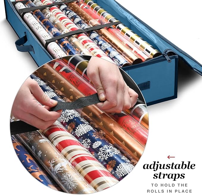 Premium Wrapping Paper Organizer Storage | Gift Wrap Holder with Extra Pockets for Christmas Decorations, Reinforced Handles, Heavy Duty, Ultra-Durable, Tear-Proof Fabric - Fits Up to 27 Rolls (Blue)