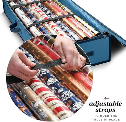 Premium Wrapping Paper Organizer Storage | Gift Wrap Holder with Extra Pockets for Christmas Decorations, Reinforced Handles, Heavy Duty, Ultra-Durable, Tear-Proof Fabric - Fits Up to 27 Rolls (Blue)