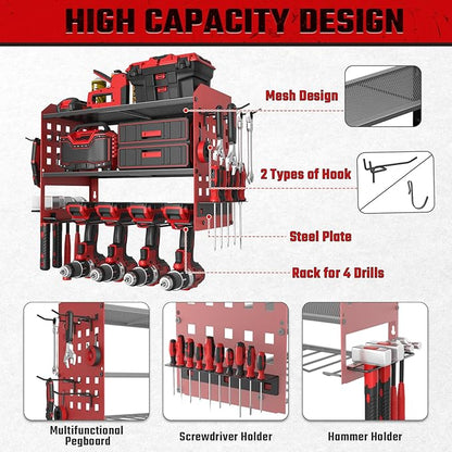 SPACECARE Power Tool Organizer, Drill Holder Wall Mount with 2 Side Pegboards with Hooks, 3 Layer Garage Organization Heavy Duty Tool Organizers Utility Rack for 4Drill Holders Red