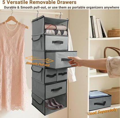 6-Tier Hanging Shelves with 5 Drawers & 3 Side Pocket,Durable Fabric Hanging Closet Organizer Holder with Sturdy Hook,Space-saving Storage Organization for Bedroom,Dorm,Guestroom,RV,Bathroom