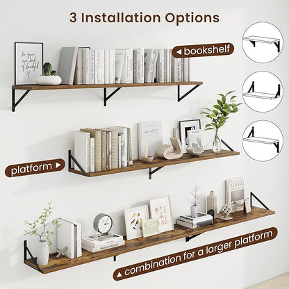 Axeman Deep Floating Shelves | 55 Inch Brown Wall Shelves Set of 2 | 10 Inch Deep Wood Floating Shelves for Wall | 55" W x 10" D Rustic Brown Shelves for Living Room Bathroom Kitchen