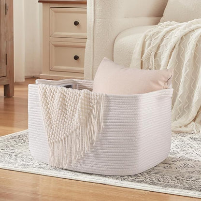White Storage Baskets for Organizing, Toy Basket Storage Kids, Nursery Cotton Rope Baskets for Living Room, Deorative Organizer Bin Box (White)